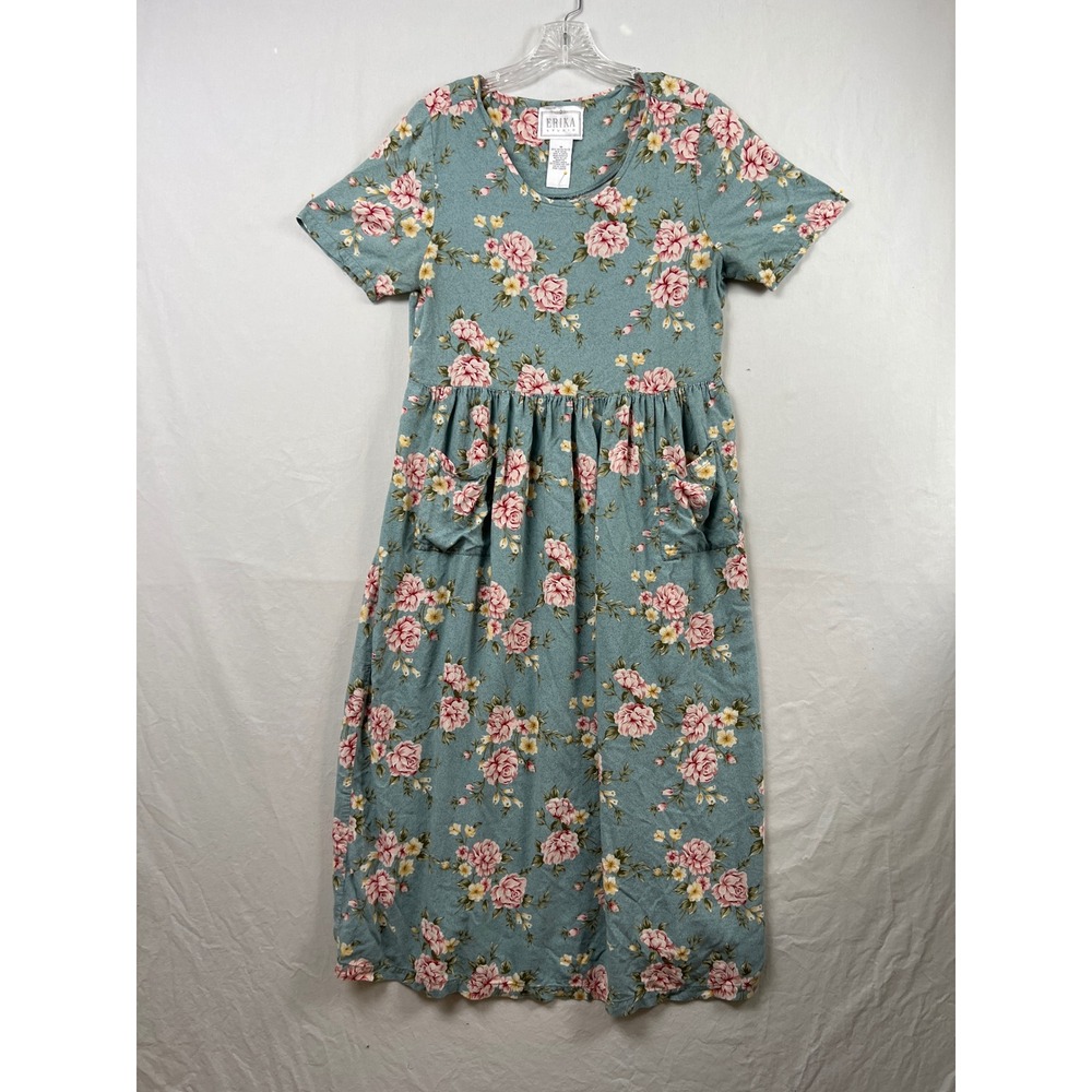 Vintage Erika Studio Floral Midi Dress Womens M Blue Pink Cottagecore Back Tie